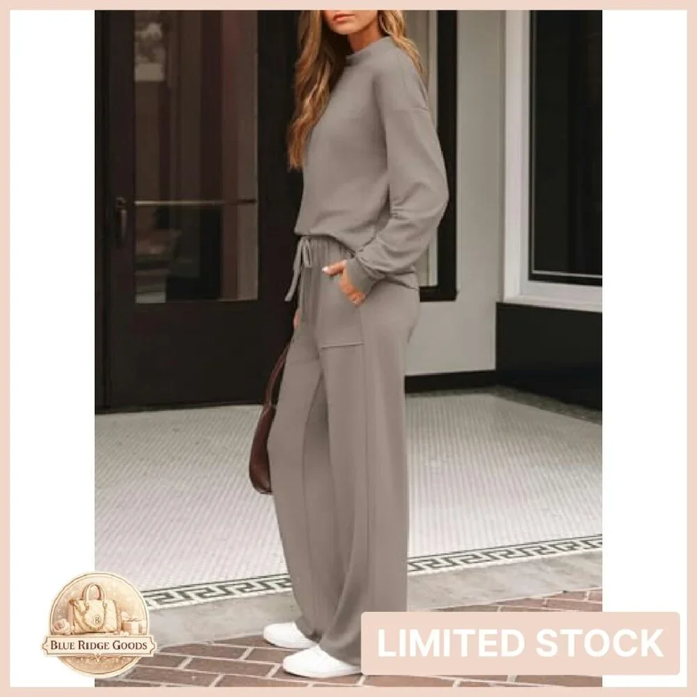 Mock Turtleneck Top Wide Leg Pants Lounge Set Y2K Chic Minimal
